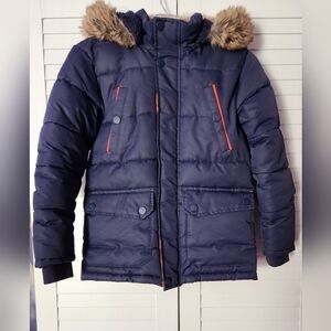 Boys Navy Blue Puffer Jacket with Faux Fur Hood